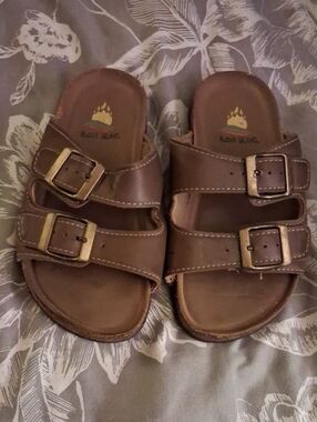 Aloha Island Kids Brown Double-Strap Slides with Gold Buckles